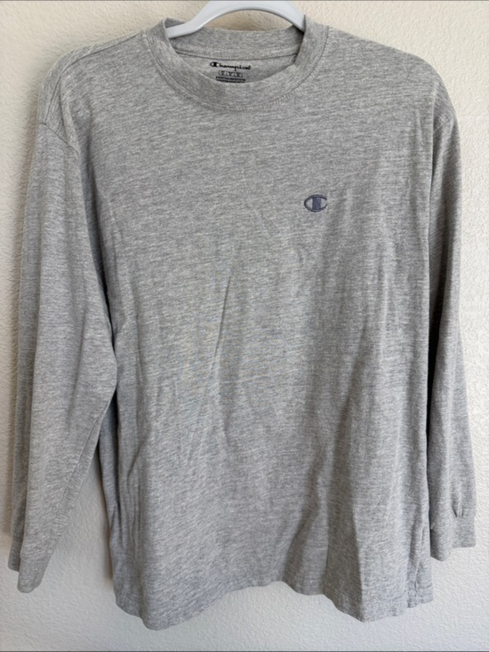 Champion Light Gray Long-Sleeve Crewneck Shirt with Small Logo